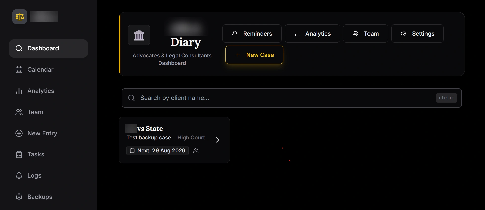 Actual legal platform dashboard, with identities obscured